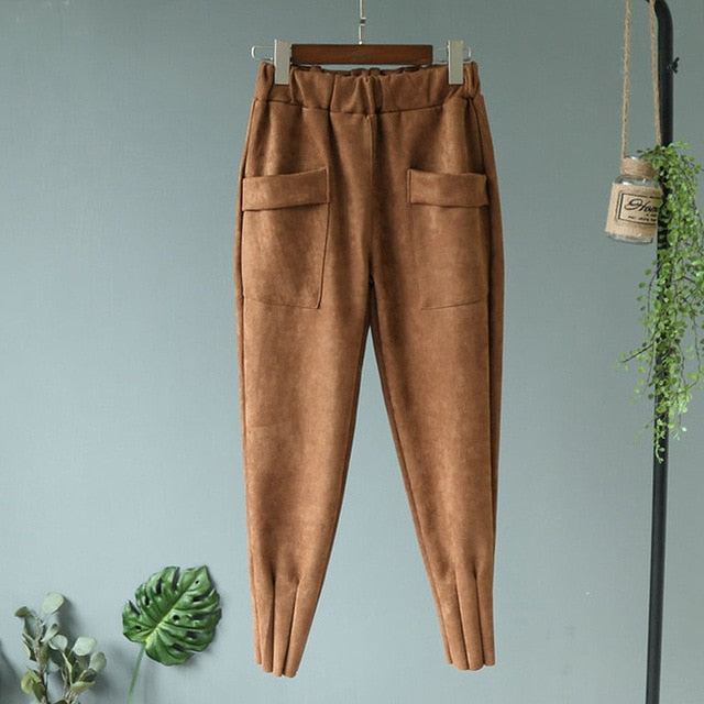 2019 Streetwear Women Pants Elastic High Waist Pockets Suede Harem Pants Casual Autumn Plus Size Trousers Women pantalones mujer