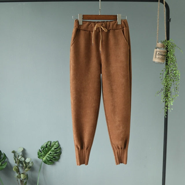 2019 Streetwear Women Pants Elastic High Waist Pockets Suede Harem Pants Casual Autumn Plus Size Trousers Women pantalones mujer