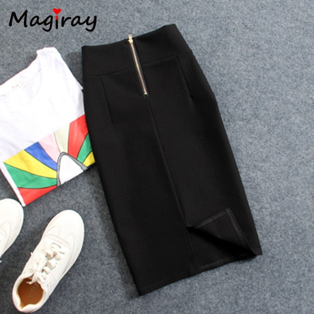 Magiray High Waist Elastic Pencil Skirt Female Bodycon Skirts Womens Summer 2019 Knee Length Back Split Ladies Office Saia C571