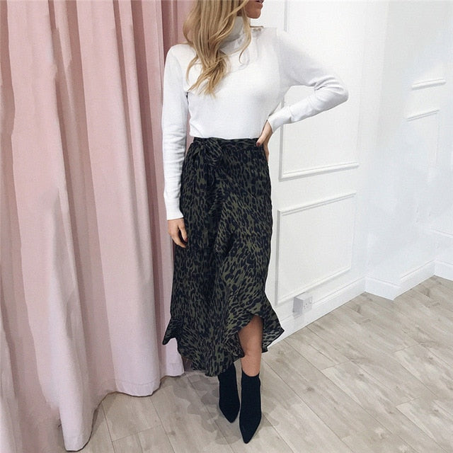 Summer Sexy Women Lace Up Skirts Fashion High Waist Ruffles Loose Slim Long Wrap Skirt 2019 New Ladies Leopard Outwear Clothing