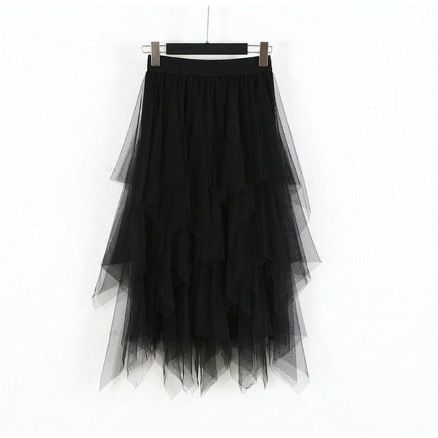 Fashion  2019 Spring Party Skirt Elastic High Waist Long Tulle Skirt Women Irregular Hem Mesh Tutu Skirt Ladies