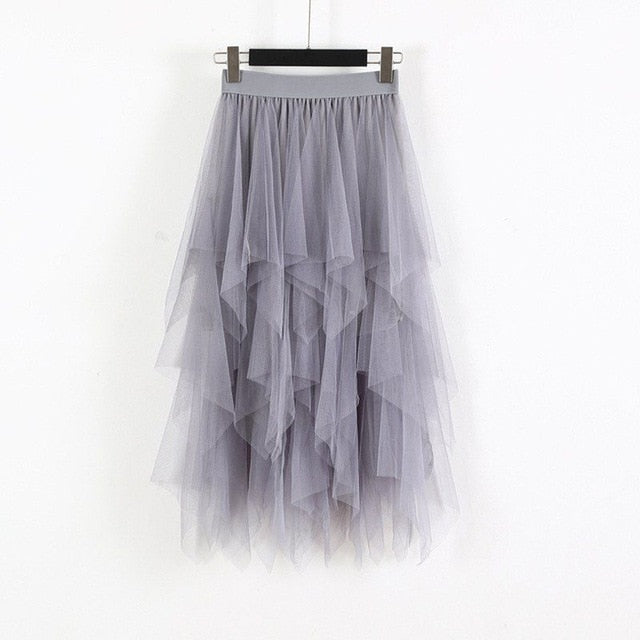 Fashion  2019 Spring Party Skirt Elastic High Waist Long Tulle Skirt Women Irregular Hem Mesh Tutu Skirt Ladies