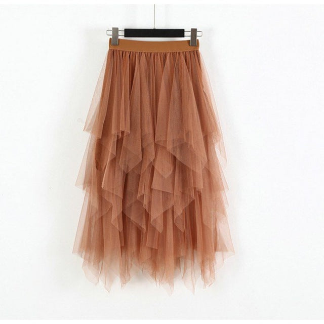 Fashion  2019 Spring Party Skirt Elastic High Waist Long Tulle Skirt Women Irregular Hem Mesh Tutu Skirt Ladies