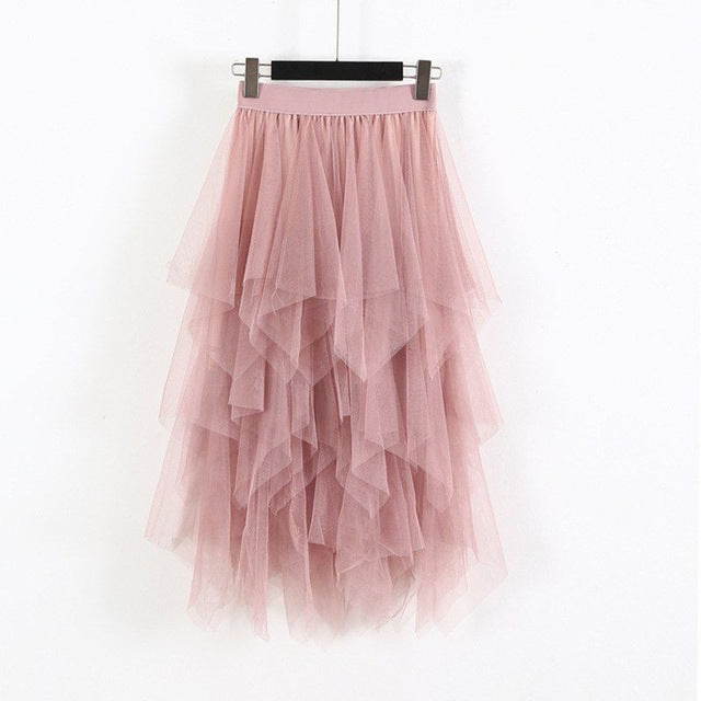 Fashion  2019 Spring Party Skirt Elastic High Waist Long Tulle Skirt Women Irregular Hem Mesh Tutu Skirt Ladies