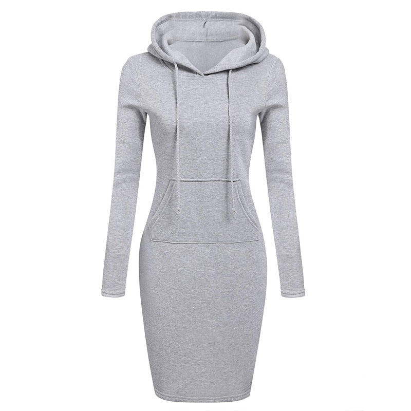 Hoodie Dress Autumn Winter Warm Sweatshirt Long-sleeved Dress 2019 Woman Clothing Hooded Collar Pocket Design Simple Woman Dress