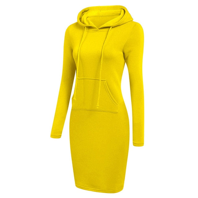 Hoodie Dress Autumn Winter Warm Sweatshirt Long-sleeved Dress 2019 Woman Clothing Hooded Collar Pocket Design Simple Woman Dress