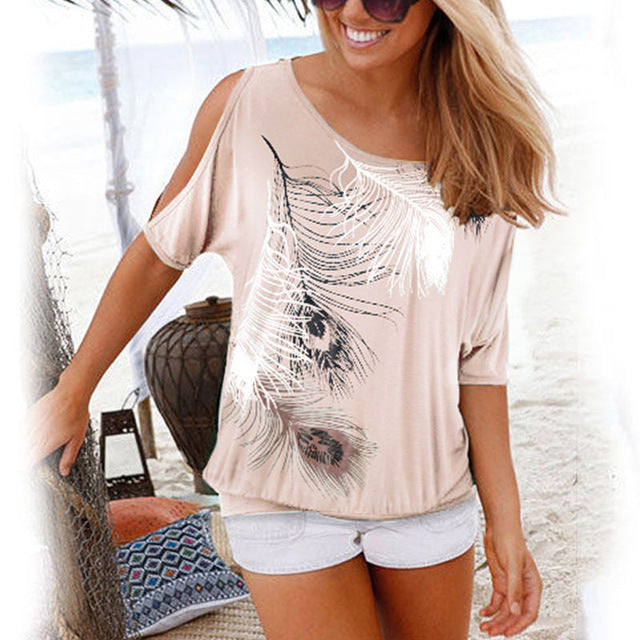 Women Summer 2019 Tshirt Casual Short Sleeve Tops Tees Sexy Off Shoulder Feather Print T-Shirt O-neck Loose Plus Size 5XL Shirts