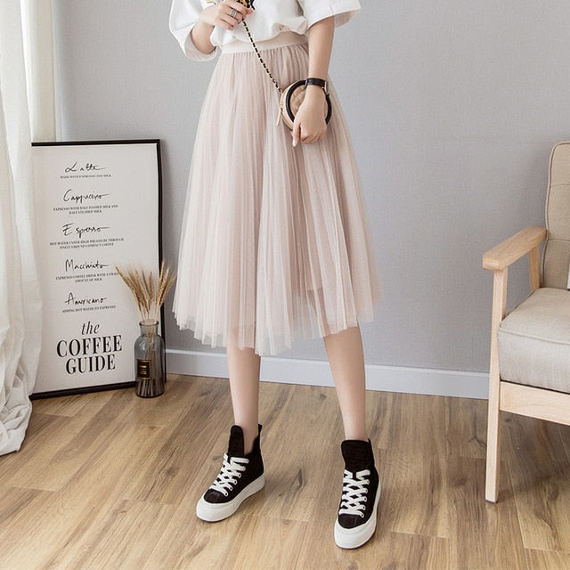 Tulle Skirts Womens Midi Pleated Skirt Black Pink Tulle Skirt Women 2019 Spring Summer Korean Elastic High Waist Mesh Tutu Skirt