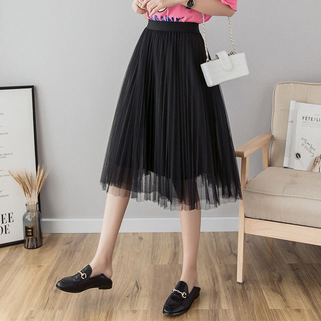 Tulle Skirts Womens Midi Pleated Skirt Black Pink Tulle Skirt Women 2019 Spring Summer Korean Elastic High Waist Mesh Tutu Skirt