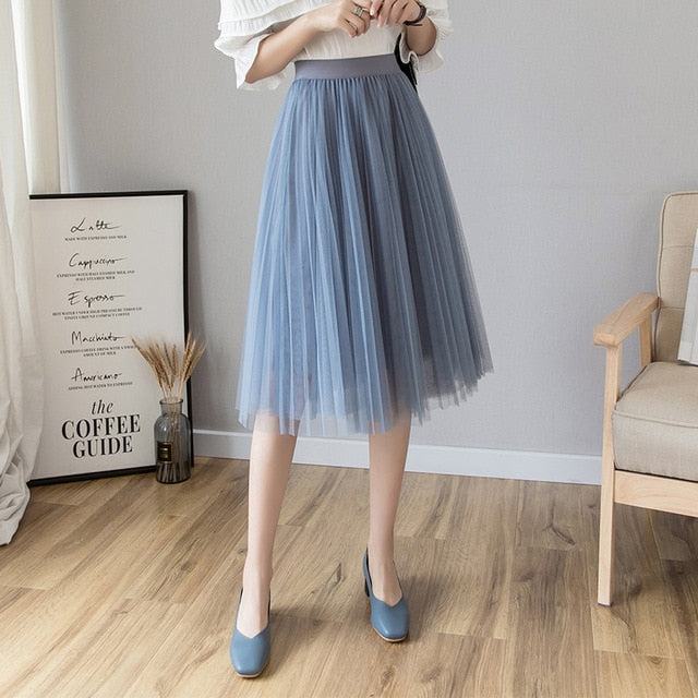 Tulle Skirts Womens Midi Pleated Skirt Black Pink Tulle Skirt Women 2019 Spring Summer Korean Elastic High Waist Mesh Tutu Skirt