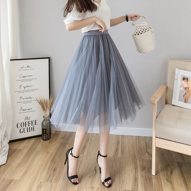 Tulle Skirts Womens Midi Pleated Skirt Black Pink Tulle Skirt Women 2019 Spring Summer Korean Elastic High Waist Mesh Tutu Skirt