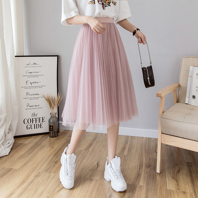 Tulle Skirts Womens Midi Pleated Skirt Black Pink Tulle Skirt Women 2019 Spring Summer Korean Elastic High Waist Mesh Tutu Skirt