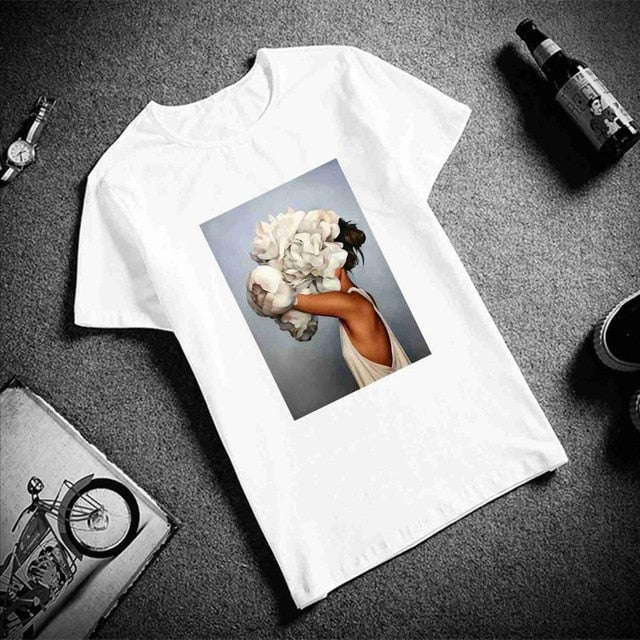 New Cotton Harajuku Aesthetics Tshirt Sexy Flowers Feather Print Short Sleeve Tops & Tees Fashion Casual Couple T Shirt