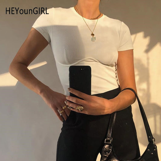 HEYounGIRL Casual Basic White Crop Top T Shirt Elegant Short Sleeve Woman Tshirt Top High Street Cotton Tshirts Women Summer