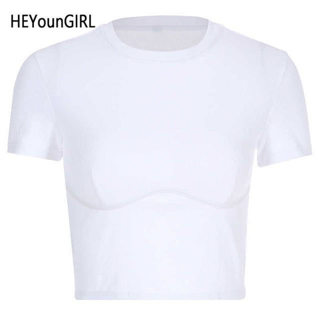 HEYounGIRL Casual Basic White Crop Top T Shirt Elegant Short Sleeve Woman Tshirt Top High Street Cotton Tshirts Women Summer