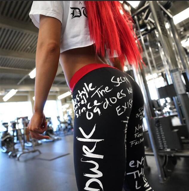 2019 New Fashion Letter Print Leggings Women Slim Fitness High Waist Elastic Workout Leggings for Gym Sport Running Europe Size