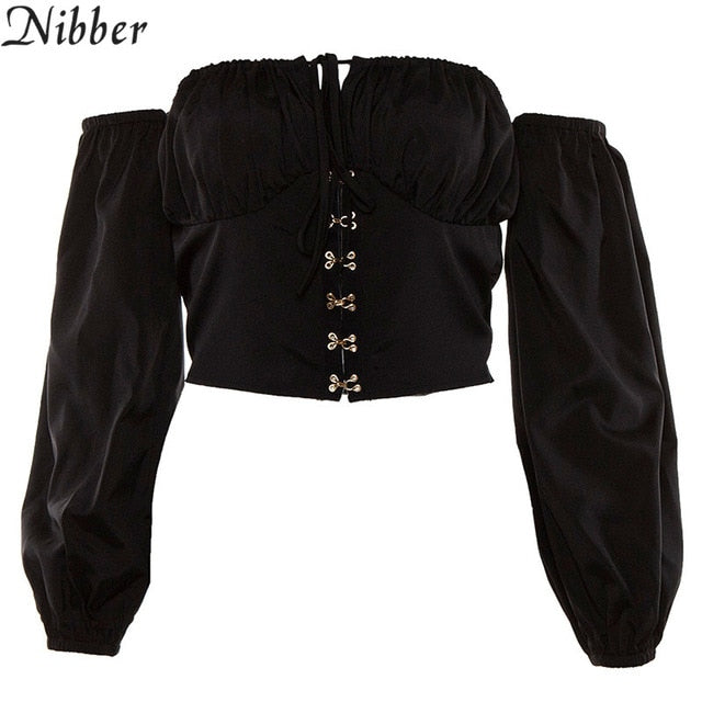 Nibber spring new off shoulder crop top women tshirts 2019office lady Elegant full sleeve white tee club party sexy Casual shirt
