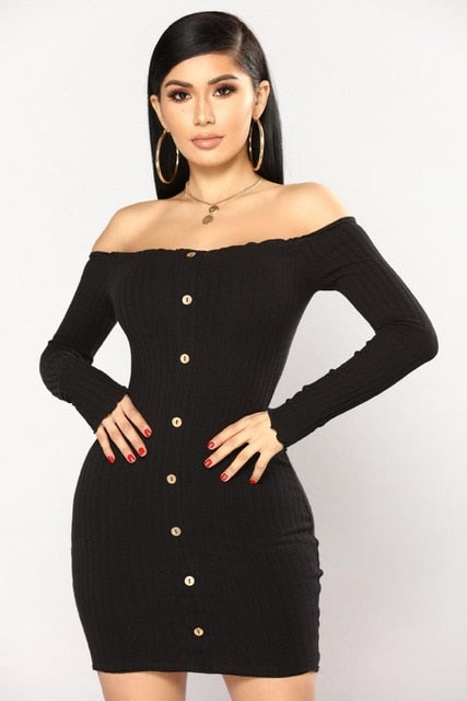 2019 Autumn Sexy Slim Dress Women Solid Color Off Shoulder Long Sleeve Sexy Slash Neck Bodycon Dresses Mini Party Dress Vestidos