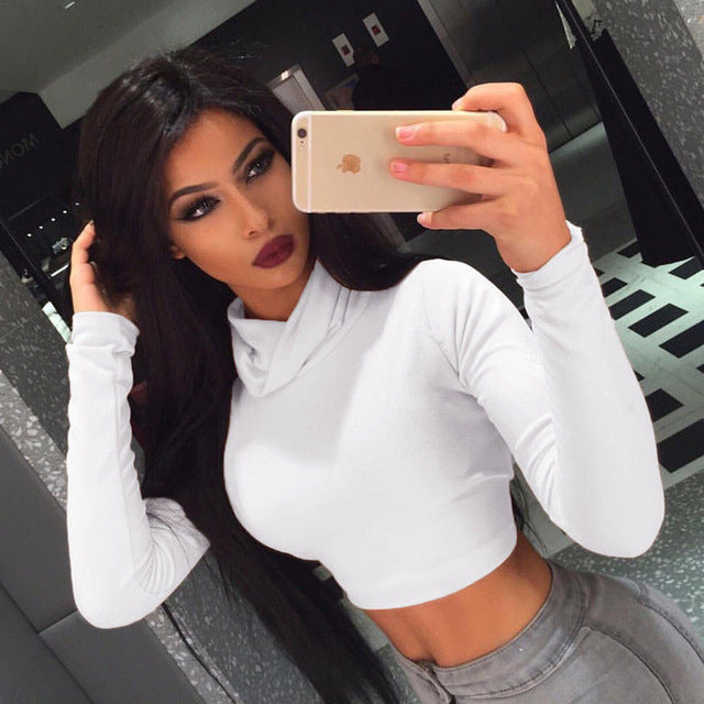 2019 Sexy T Women's Shirt High Collar Long Sleeve Slim Casual Shirt Harvest Solid Tops Skinny Clubwear Top Short 5 Colors