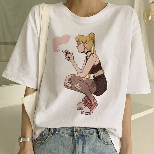 Sailor Moon Summer New Fashion T Shirt Women Harajuku Short Sleeve Fun Ulzzang T-Shirt Cute Cat Tshirt Cartoon Top Tees Female