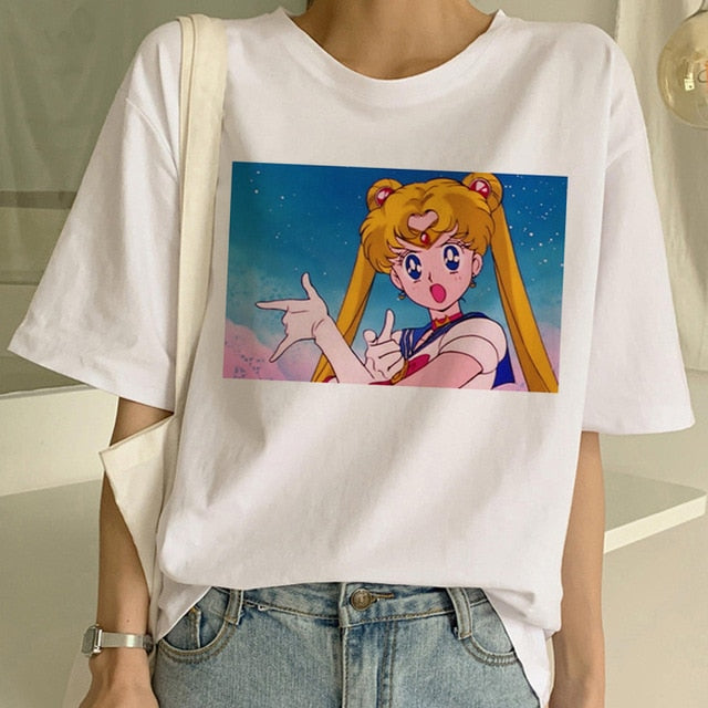 Sailor Moon Summer New Fashion T Shirt Women Harajuku Short Sleeve Fun Ulzzang T-Shirt Cute Cat Tshirt Cartoon Top Tees Female