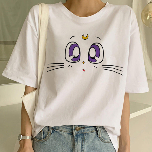 Sailor Moon Summer New Fashion T Shirt Women Harajuku Short Sleeve Fun Ulzzang T-Shirt Cute Cat Tshirt Cartoon Top Tees Female