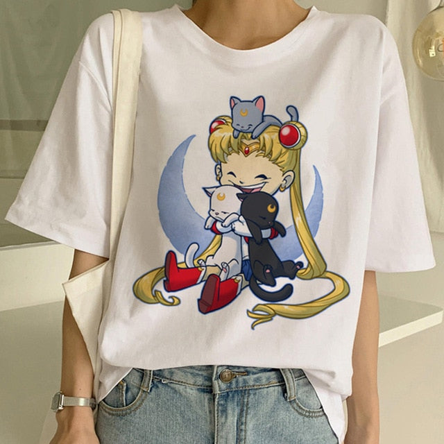 Sailor Moon Summer New Fashion T Shirt Women Harajuku Short Sleeve Fun Ulzzang T-Shirt Cute Cat Tshirt Cartoon Top Tees Female