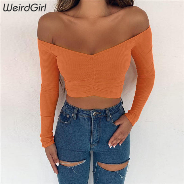 Weirdgirl women T-shirts sexy and club fashion female T-shirt long sleeve off shoulder solid color lady Tshirt autumn basic tees