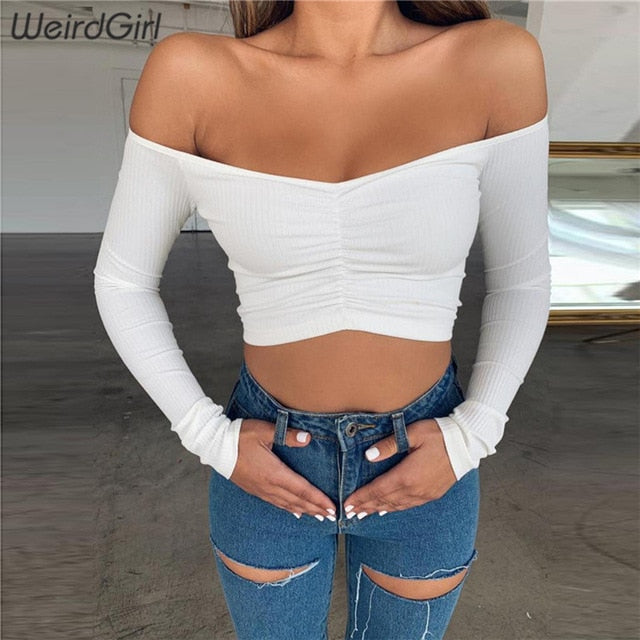 Weirdgirl women T-shirts sexy and club fashion female T-shirt long sleeve off shoulder solid color lady Tshirt autumn basic tees