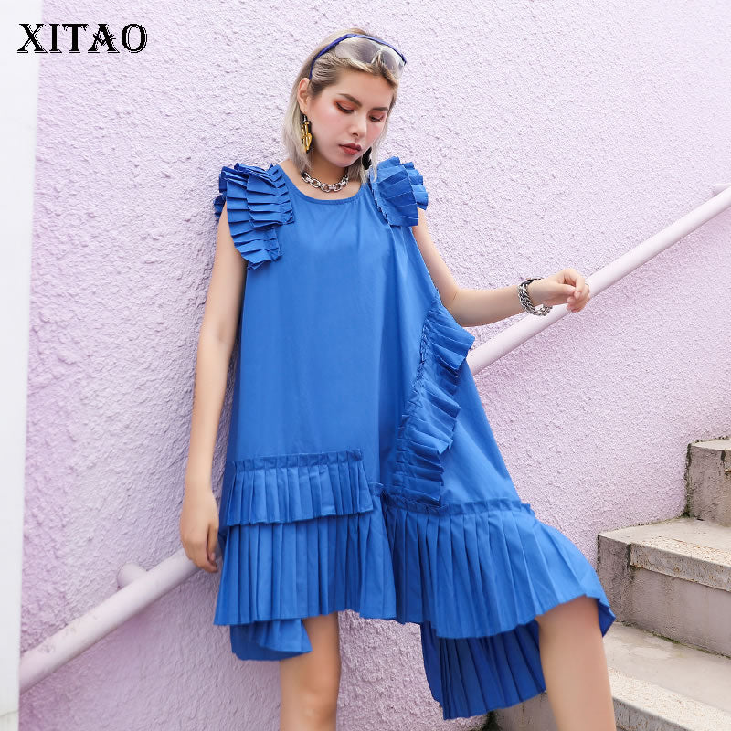 XITAO Pleated Plus Size Women Midi Dress Summer Sleeveless O Neck Casual Korea Style Irregular Solid Color Clothing WBB4040