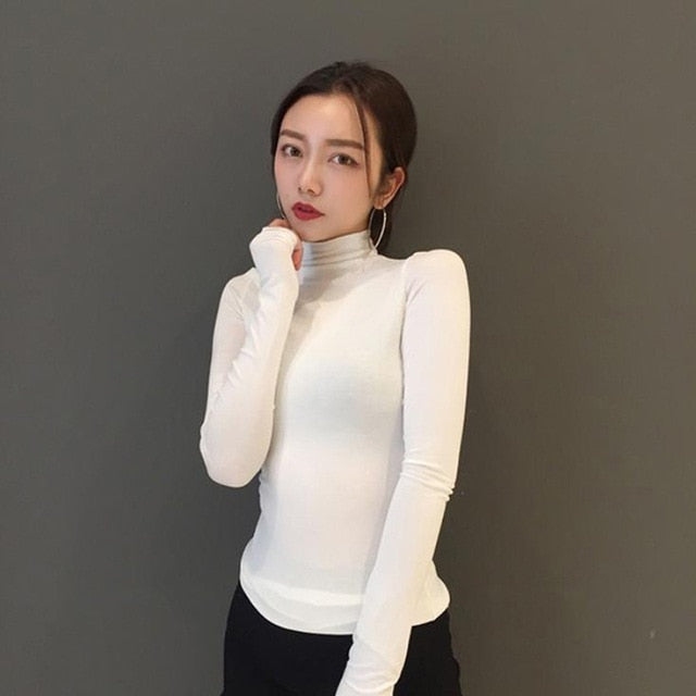 Fashion Solid Colors Women T-shirts Long Sleeve Slim Turtle Neck Shirts Women Tops Women Autumn Basic Tee