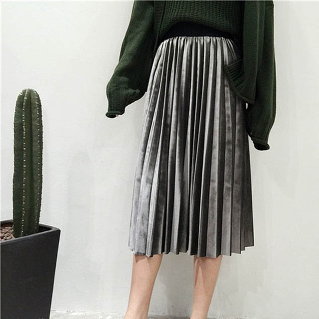 New 2019 Fashion Autumn And Winter High Waisted Skinny Female Velvet Skirt Pleated Skirts Pleated Skirt Office Lady