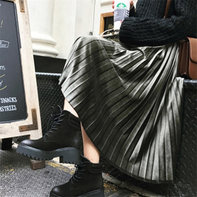 New 2019 Fashion Autumn And Winter High Waisted Skinny Female Velvet Skirt Pleated Skirts Pleated Skirt Office Lady