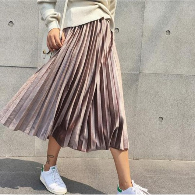 New 2019 Fashion Autumn And Winter High Waisted Skinny Female Velvet Skirt Pleated Skirts Pleated Skirt Office Lady