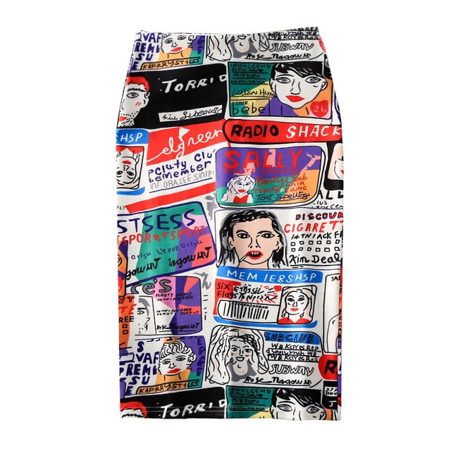 Magiray Cartoon Print Harajuku Elegant Pencil Skirt Women Bodycon High Waist Korean 2019 Summer Knee Length Skirt Female Sexy