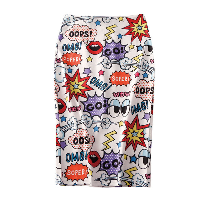 Magiray Cartoon Print Harajuku Elegant Pencil Skirt Women Bodycon High Waist Korean 2019 Summer Knee Length Skirt Female Sexy