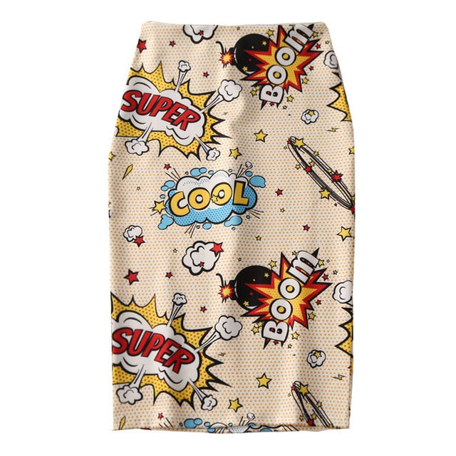 Magiray Cartoon Print Harajuku Elegant Pencil Skirt Women Bodycon High Waist Korean 2019 Summer Knee Length Skirt Female Sexy