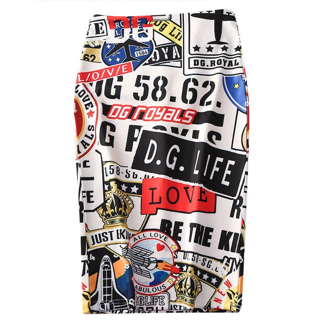 Magiray Cartoon Print Harajuku Elegant Pencil Skirt Women Bodycon High Waist Korean 2019 Summer Knee Length Skirt Female Sexy