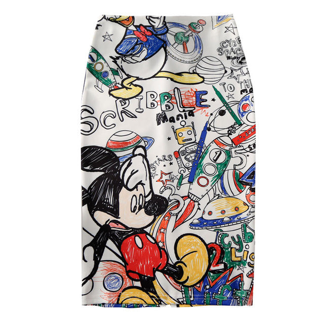 Magiray Cartoon Print Harajuku Elegant Pencil Skirt Women Bodycon High Waist Korean 2019 Summer Knee Length Skirt Female Sexy