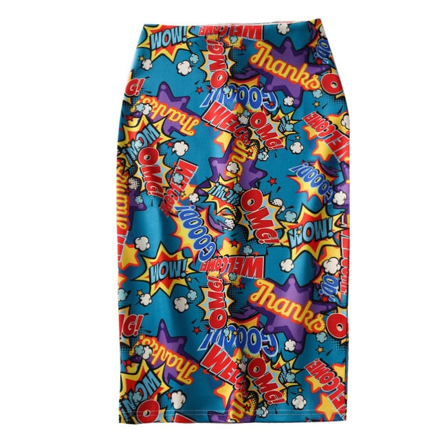 Magiray Cartoon Print Harajuku Elegant Pencil Skirt Women Bodycon High Waist Korean 2019 Summer Knee Length Skirt Female Sexy