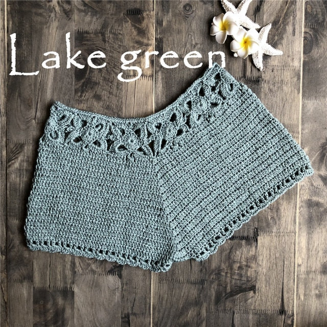 Women Crochet cotton Shorts Summer High Waist Beach Swimming Shorts Surf Board Casual Mini Sexy knit shorts  Solid home shorts