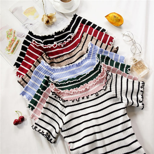 stripe square collar cropped T-shirt new female students short sleeve tshirts crop tops for woman 2019 summer