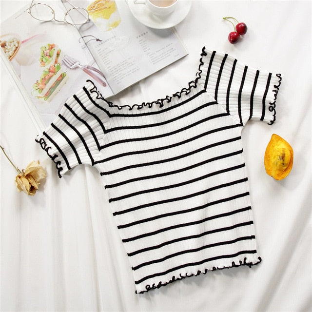 stripe square collar cropped T-shirt new female students short sleeve tshirts crop tops for woman 2019 summer