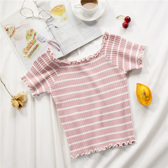 stripe square collar cropped T-shirt new female students short sleeve tshirts crop tops for woman 2019 summer