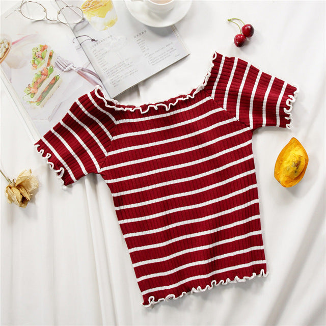 stripe square collar cropped T-shirt new female students short sleeve tshirts crop tops for woman 2019 summer