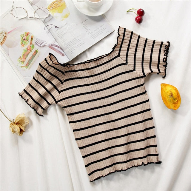 stripe square collar cropped T-shirt new female students short sleeve tshirts crop tops for woman 2019 summer