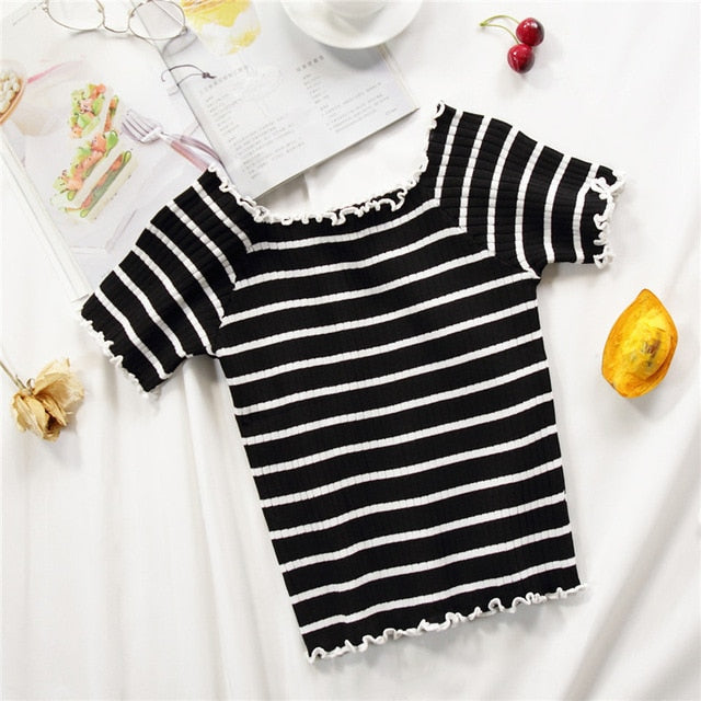 stripe square collar cropped T-shirt new female students short sleeve tshirts crop tops for woman 2019 summer