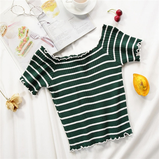 stripe square collar cropped T-shirt new female students short sleeve tshirts crop tops for woman 2019 summer