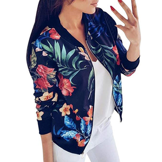 Black Retro Floral Print Women Short Spring Jacket O-Neck Long Sleeve Slim Women Bomber Jacket Plus Size Thin Zipper Jacket