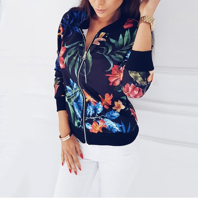 Black Retro Floral Print Women Short Spring Jacket O-Neck Long Sleeve Slim Women Bomber Jacket Plus Size Thin Zipper Jacket